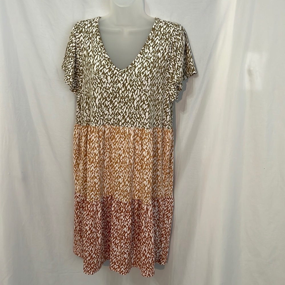 mts Womens Green Rust Burgandy V-Neck Swing Dress Size Medium